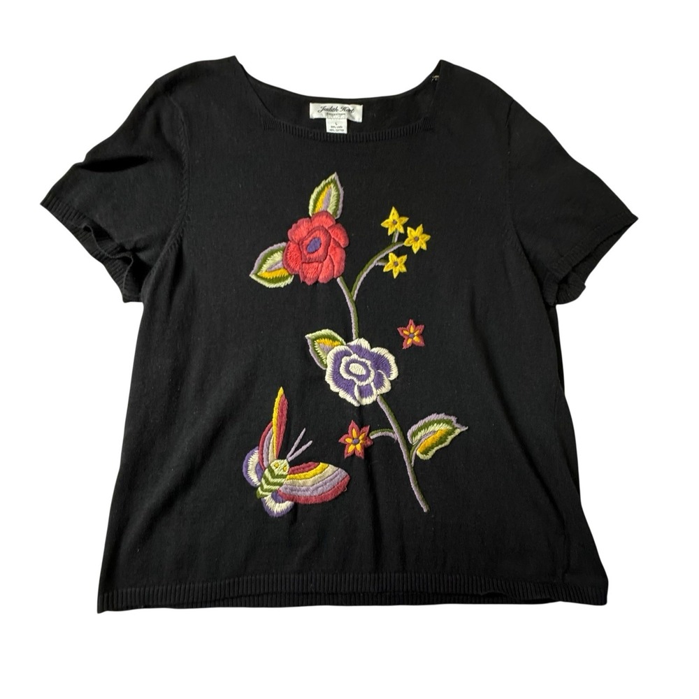Judith Hart Top Black Linen Blend Large Floral Embroidered‎ Short Sleeve READ
